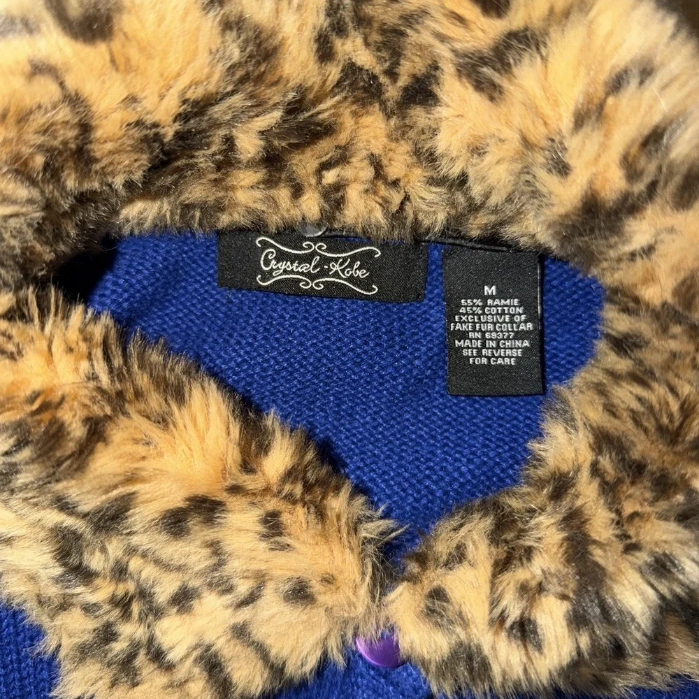 Vintage Crystal Kobe Christmas Cardigan Blue Snowman Trees Faux Fur Collar M
